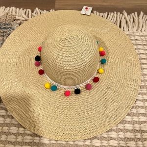NWT- Golden Stella Beach Hat with Pom Poms